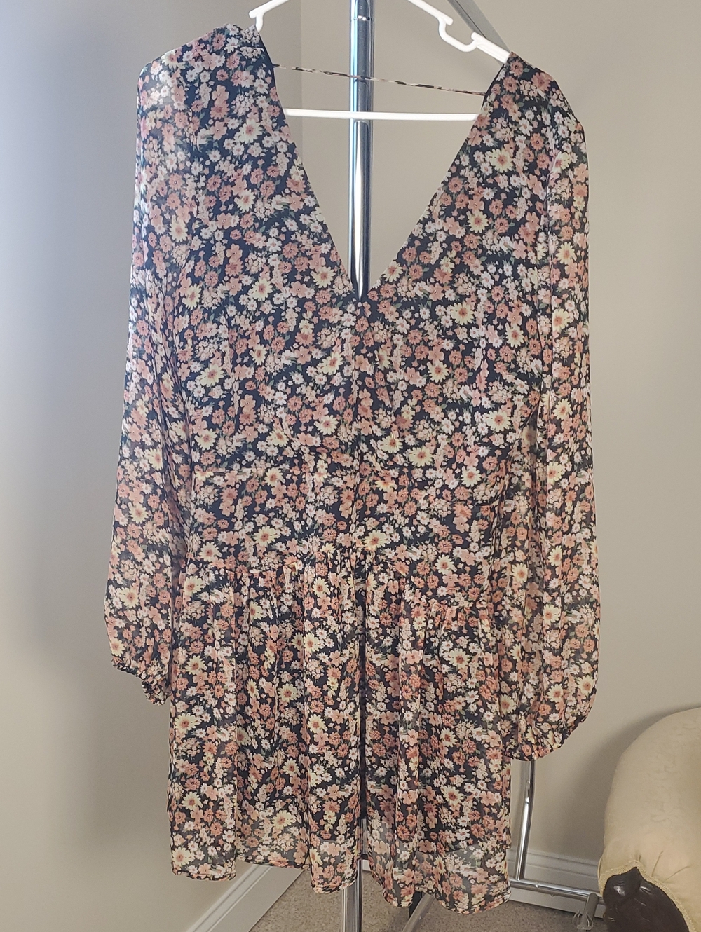 Bardot Black Floral V-Neck Dress with Blush Accents